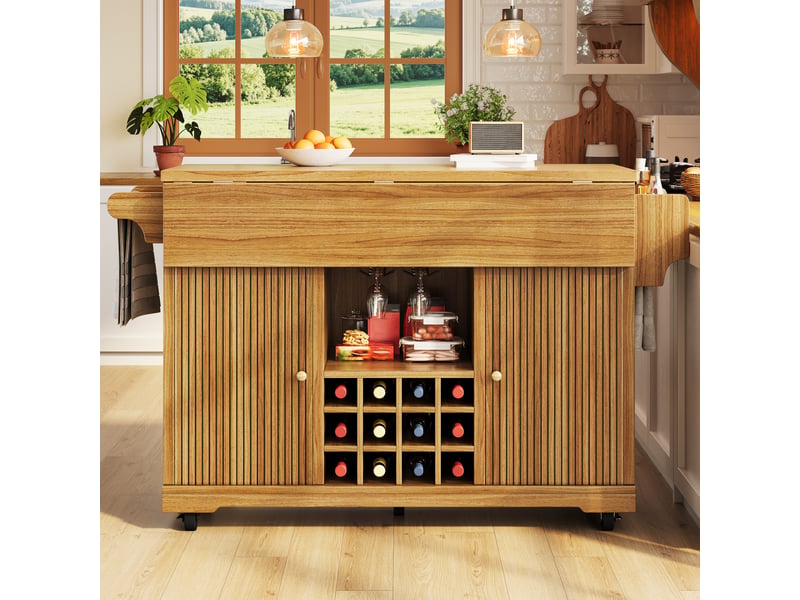  Desserte mobile avec plans rabattables - lpospi - rangement, porte-bouteilles, mdf marron foncé 142,5 × 40 × 95 cm  - Conforama B