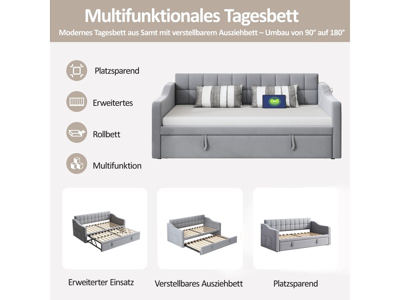 Canapé-lit convertible 90/180x190 cm, velours gris clair, ports usb, sans matelas - Conforama E