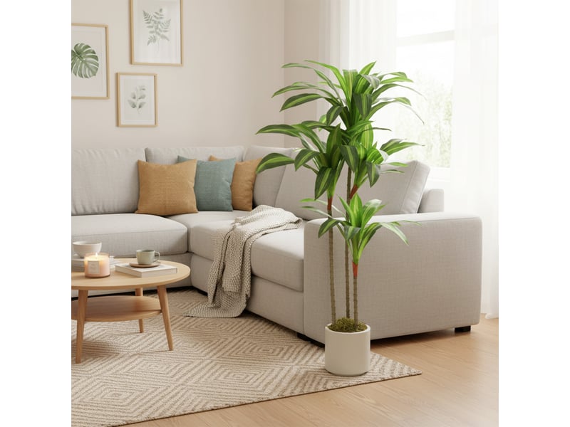 Arbre dracaena artificiel de 120 cm avec tronc flexible et pot blanc pour salon, chambre, bureau  - Conforama D