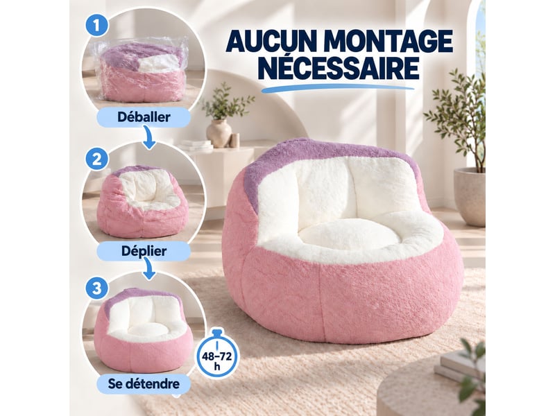 Canapé pouf géant en fausse fourrure, tissu doux respectueux de la peau, mousse déchiquetée haute résilience,rose+blanc+violet - Conforama C