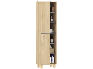 Meuble colonne salle de bain, armoire de salle de bain avec 6 compartiments ouverts et 2 placards, bois naturel