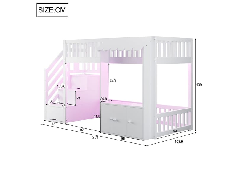  Lit mezzanine 90 x 200 cm lit simple blanc armoire de rangement escalier de rangement éclairage led multicolore design à débord de toit structure en bois finition blanche  - Conforama C