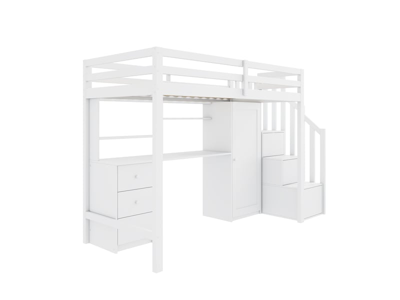 Lit superposé avec bureau et armoire, lit enfant 90x200 cm blanc, escalier de rangement et tiroirs, cadre en bois massif robuste.  - Conforama W