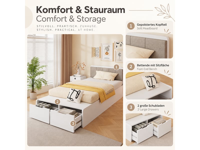  Lit enfant 90x200 cm en bois avec tête de lit rembourrée, banquette au pied du lit et 2 tiroirs de rangement, lit ado blanc  - Conforama E