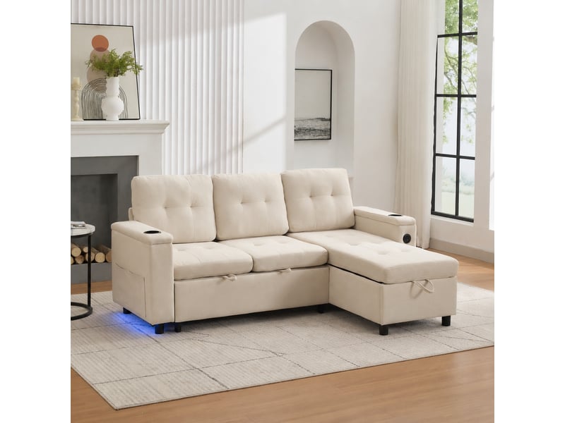  Canapé convertible 3 places d'angle avec rangement caché et éclairage led, beige  - Conforama D