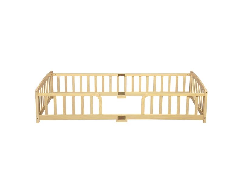 Lit au sol 90x200 cm en pin naturel avec barrières de sécurité et entrée centrale - Conforama A