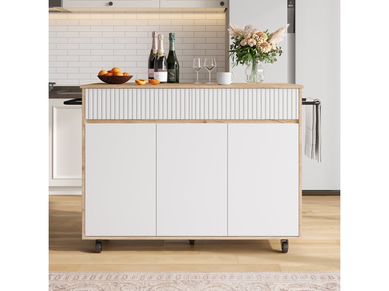 Îlot de cuisine mobile avec plateau rabattable, blanc et bois, 120 x 65 x 91 cm  - Conforama E