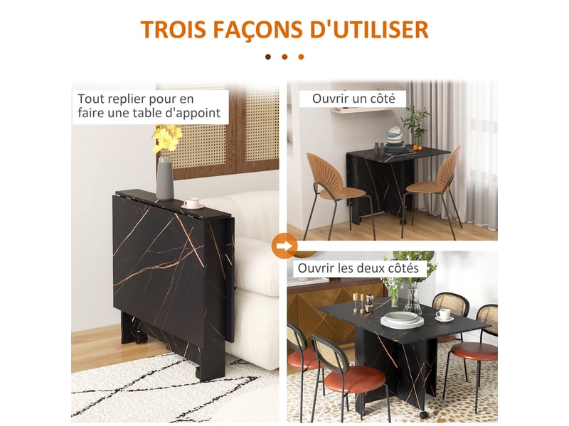  Table pliante cuisine table à manger pliable avec 2 abattants 2 roues avec freins 120 x 80 x 73 cm noir imitation marbré  - Conforama D