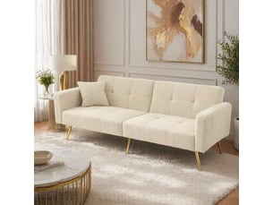 Canapé droit convertible 2 places en tissu bouclette beige, dossier réglable et poches latérales pratiques
