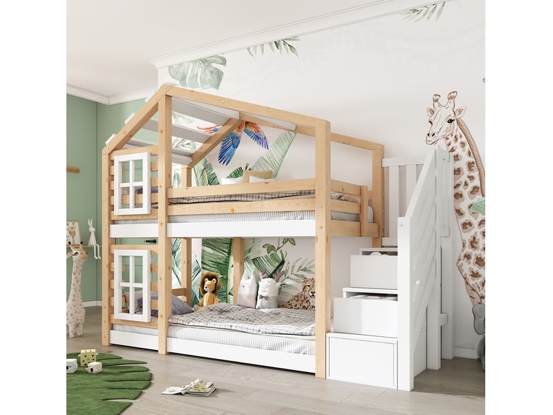  Modenvie lit superposé enfant cabane 90x200 cm - avec rangement intégré, sans matelas - blanc et naturel  - Conforama E
