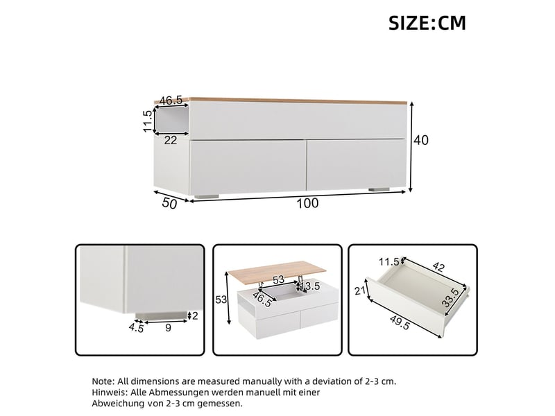  Table basse 100x50x40, blanc et bois table basse salon, plateau relevable, rangement intégré, deux tiroirs, rangement semi-ouvert  - Conforama C