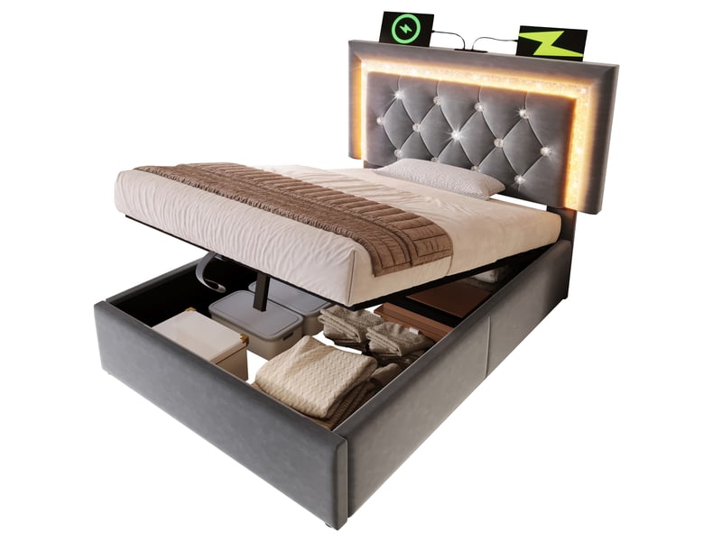  Lit coffre, 90x200 cm, coffre de rangement, avec led intégrée, usb et type c, matelas inclus, velours, coloris gris  - Conforama A