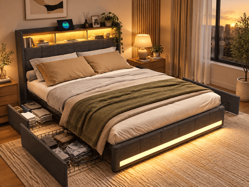  Lit double rembourré 140x190 cm avec sommier et 4 tiroirs, lit 2 personnes avec rangement et tête de lit, led et usb, lin gris  - Conforama B