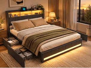 Lit avec rangement 140x190 cm <strong>DAHUEN</strong> <strong></strong> coloris gris