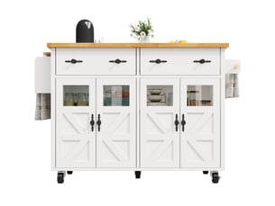 Îlot de cuisine mobile extensible 140 cm, 5 roulettes dont 2 avec freins, blanc