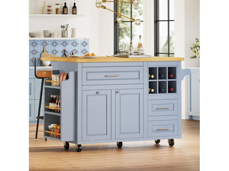 Desserte de cuisine à roulettes avec plateau rabattable, mdf, bleu - Conforama C