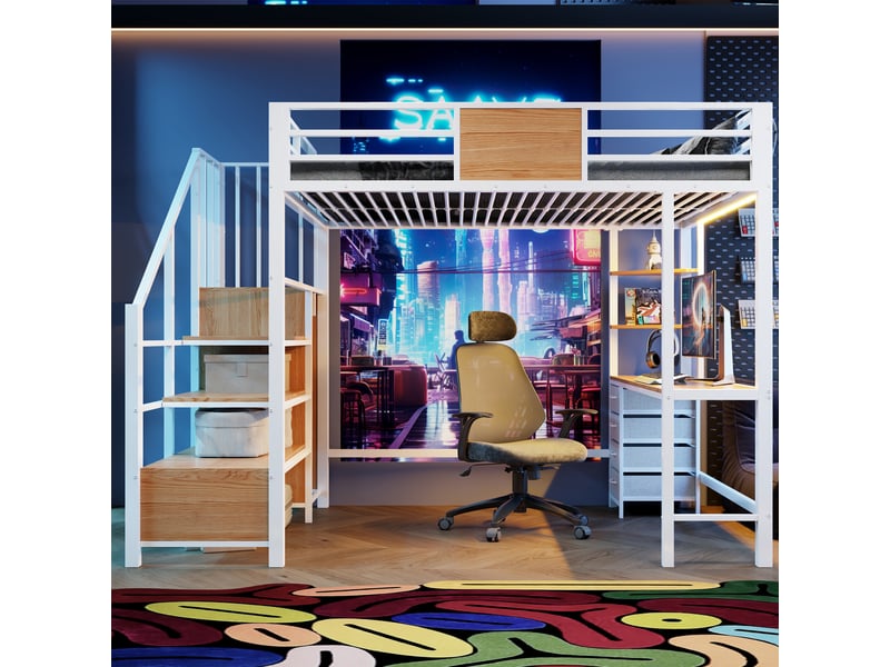  Lit superposé 140x200 cm, lit enfant, bureau, penderie, led, prise intégrée, métal blanc  - Conforama D