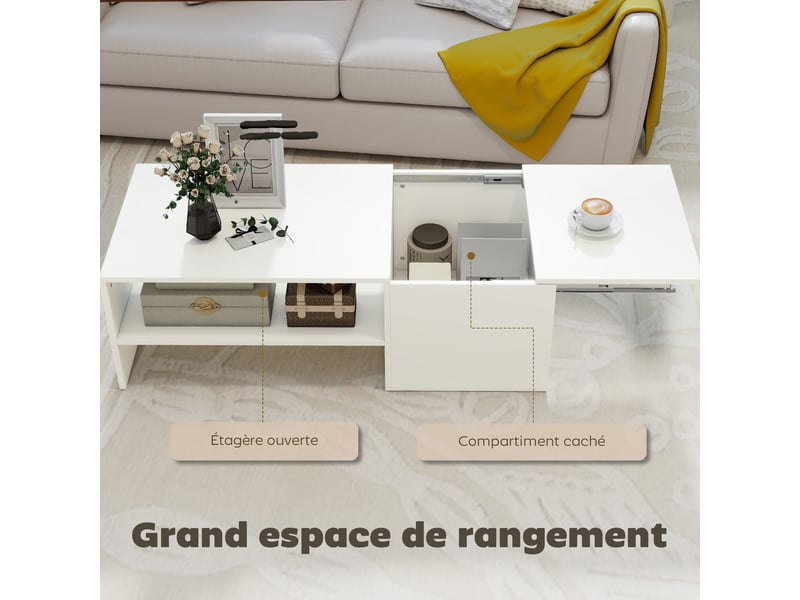  Table basse rectangulaire, table d'appoint plateau coulissant, rangement caché, étagère ouverte, blanc, 110 x 52 x 36 cm  - Conforama E