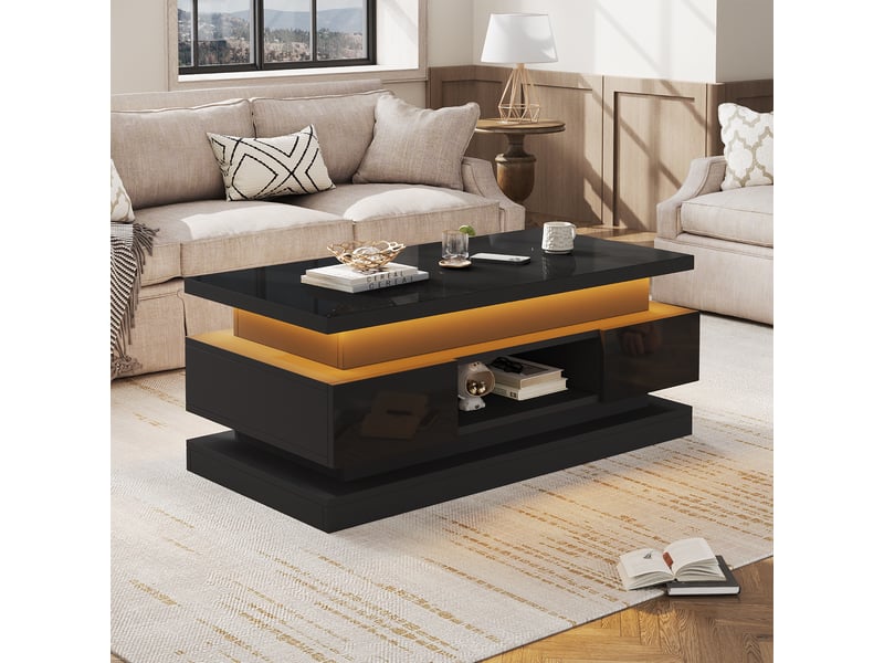  Table basse relevable 100x50x40 cm avec led via appli, 2 tiroirs, rangement caché, niche semi-ouverte, finition noir brillant, usb, pour salon  - Conforama C