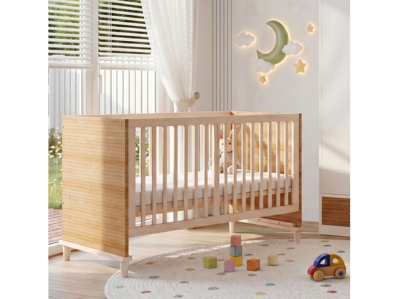 Lit bébé à barreaux 70x140 cm coloris bois naturel, sommier réglable 5 hauteurs - Conforama D
