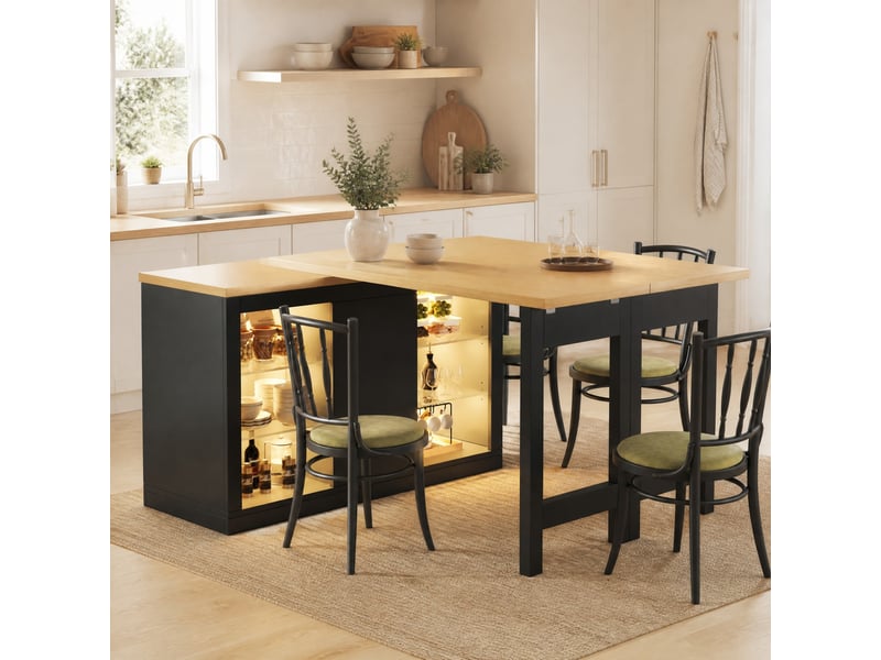  Îlot de cuisine avec table extensible et pivotante, led rgb, mdf noir  - Conforama C