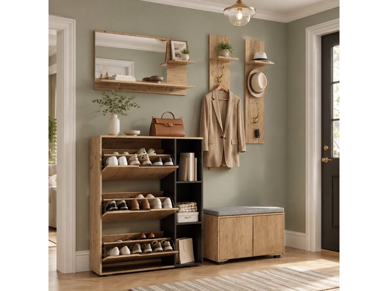  Meuble d'entrée avec miroir, patères, étagères, meuble à chaussures, banc rembourré, noir naturel, 150 × 35 × 161,5 cm  - Conforama B