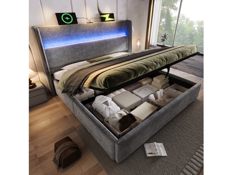 Lit coffre 180x200 cm, charge, tête de lit led intégré, espace de rangement, sommier, lin, métal, gris, matelas inclus, lit adulte - Conforama D