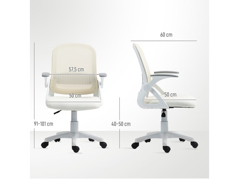  Chaise de bureau ergonomique pivotante en maille respirante, avec accoudoirs rabattables et soutien lombaire, blanche  - Conforama E