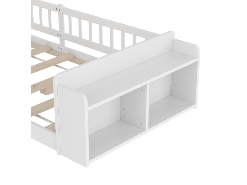 Lit enfant 90x200cm avec espace de rangement, garde-corps,étagère, sommier, pin blanc, sans matelas - Conforama R