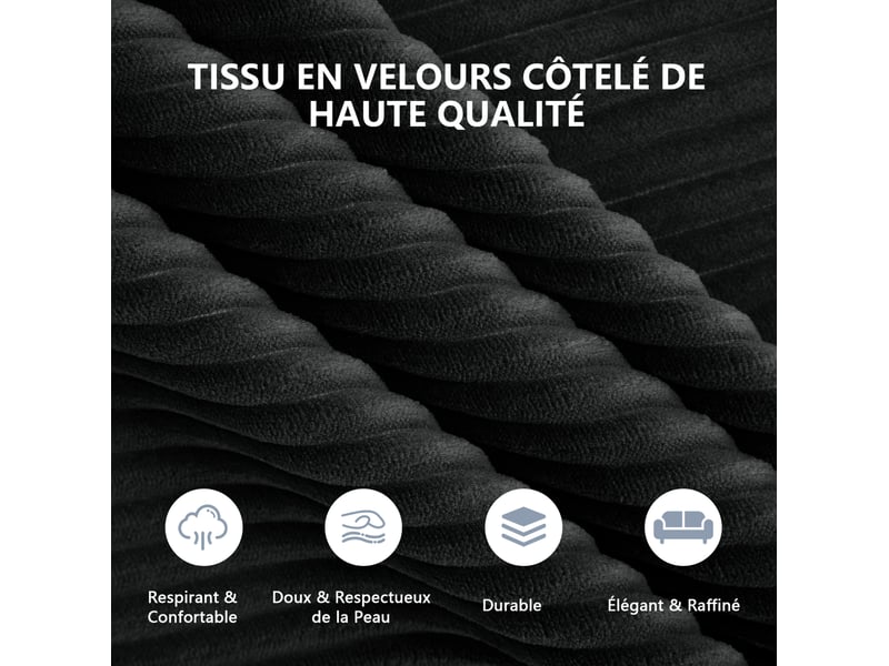 Canapé modulable 4 places modenvie en u avec 2 poufs en velours côtelé noir, assise profonde, 336 x 161 x 94 cm - Conforama E