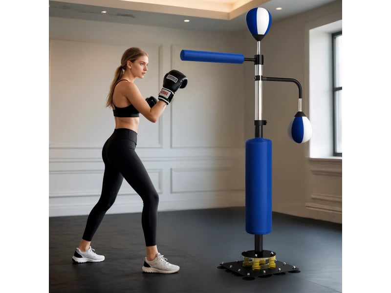  Support de boxe, deux speedballs, barre de frappe rotative, coussins de frappe, hauteur réglable, acier, 107 x 36 x 140-205 cm, bleu  - Conforama D