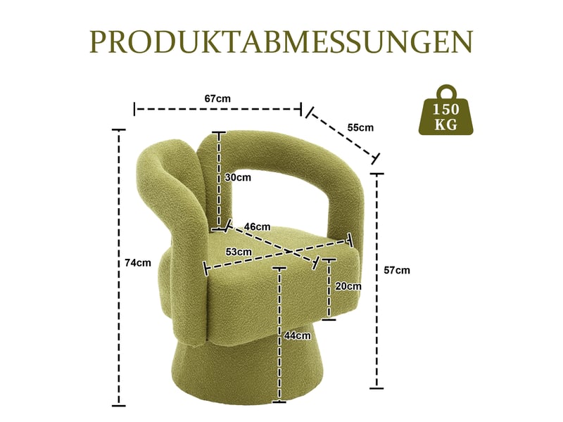  Fauteuil pivotant à 360 degrés, dossier enveloppant et accoudoirs arrondis, en tissu bouclé vert olive  - Conforama D