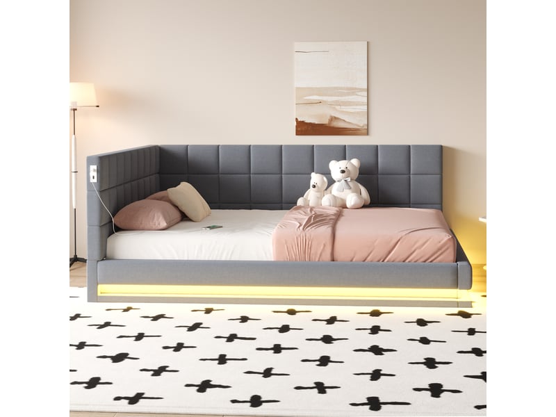  Lit banquette enfant 160 x 200 cm avec led, usb et sommier à lattes, lin, gris Fay Lum - Conforama D