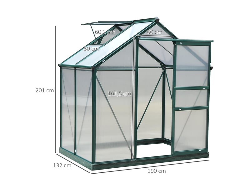  Serre avec fenêtre de toit, serre en aluminium, 190 cm x 132 cm x 201 cm, verte et transparente  - Conforama E
