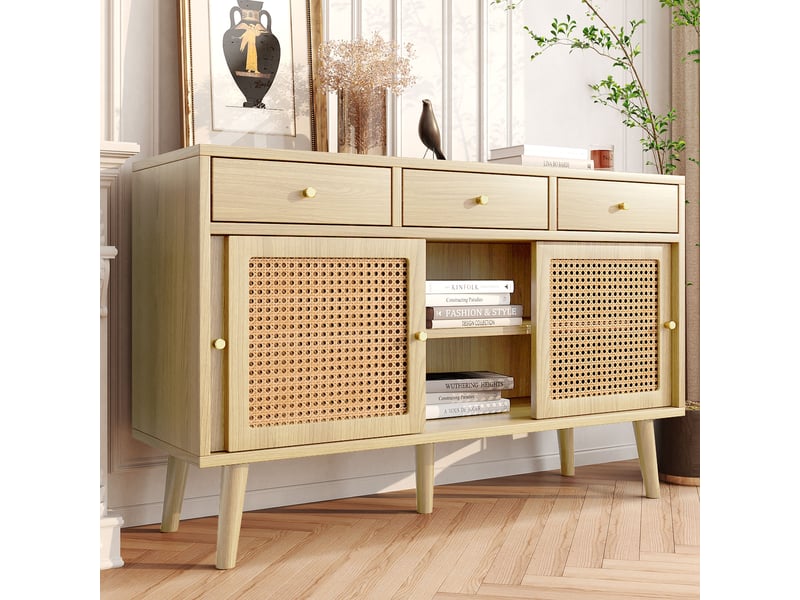Buffet 120cm avec 3 tiroirs et portes coulissantes, pieds en bois massif, poignée dorée,couleur bois - Conforama B