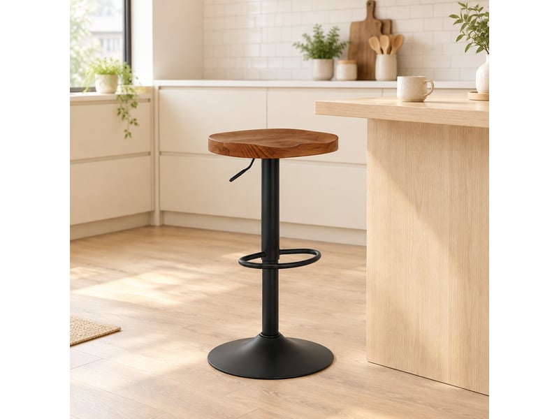  Tabouret de bar pivotant réglable en hauteur, assise en bois de pin marron  - Conforama C