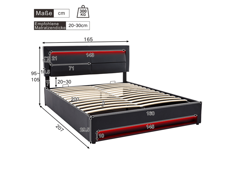  Lit coffre 160x200 cm noir en pu, led et charge usb  - Conforama C