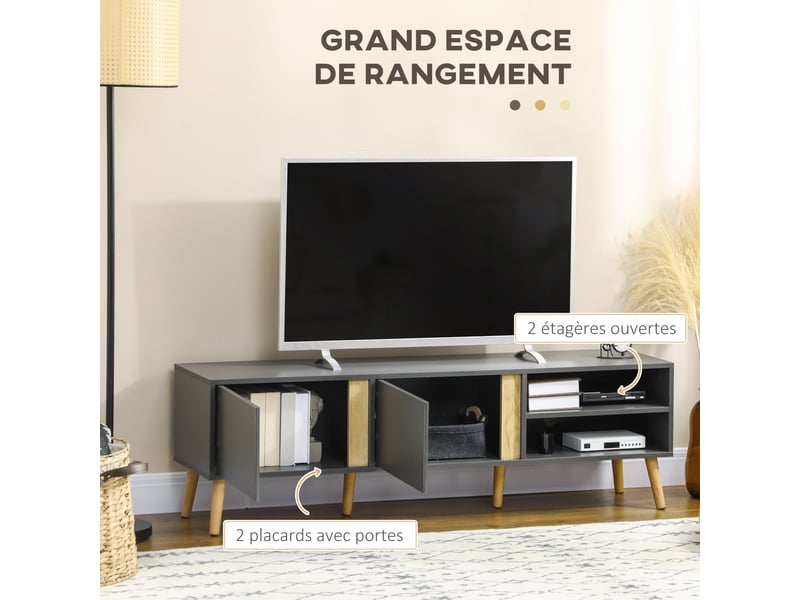  Meuble tv bas salon scandinave pour écran jusqu'à 55 pouces table télé 2 portes 2 niches 150x35x45 cm gris anthracite bois  - Conforama E
