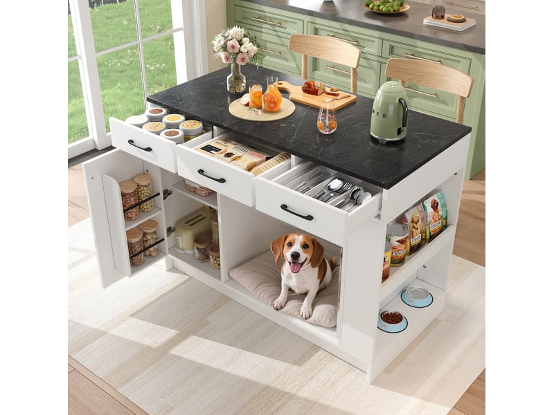  Îlot de cuisine 120x60x90 cm blanc avec 3 tiroirs et étagère à épices  - Conforama D