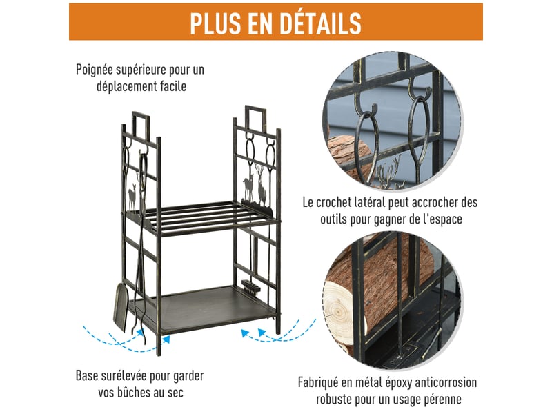 Serviteur de cheminée avec range-bûches, 2 étagères, motif cerf et 4 accessoires, métal noir doré - Conforama R