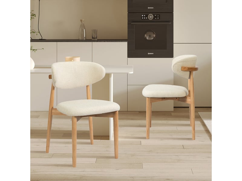  Lot de 2 chaises en tissu bouclette beige pieds en chêne massif clair  - Conforama B
