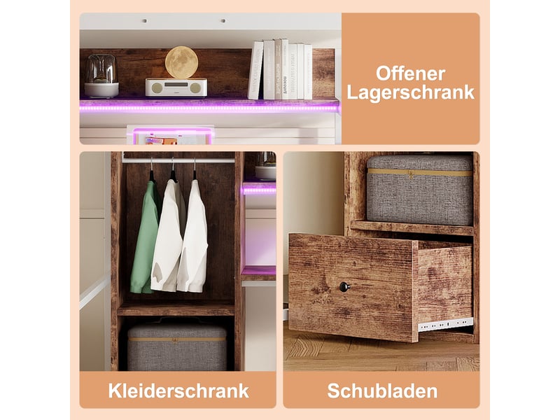  Lit mezzanine enfant 140x200 cm, led, bureau, tiroir, armoire, étagère, sommier, métal blanc, sans matelas  - Conforama E
