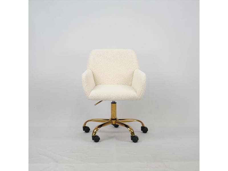  Chaise de bureau - 54.9x39.8x84.3cm - pivotante en tissu bouclé, hauteur réglable, fauteuil pied métal doré - blanc cassé  - Conforama A