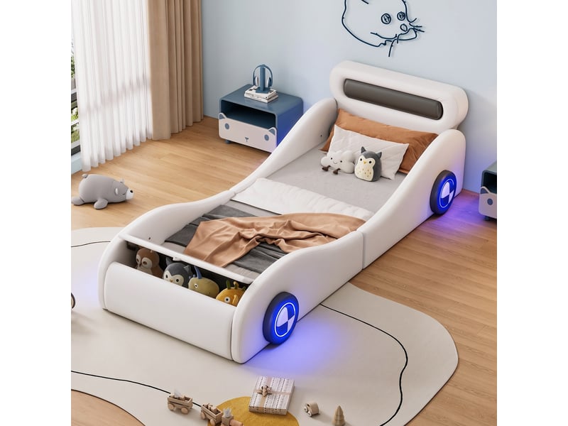  Lit voiture enfant 90x200 avec roues lumineuses et rangement evryae  - Conforama B