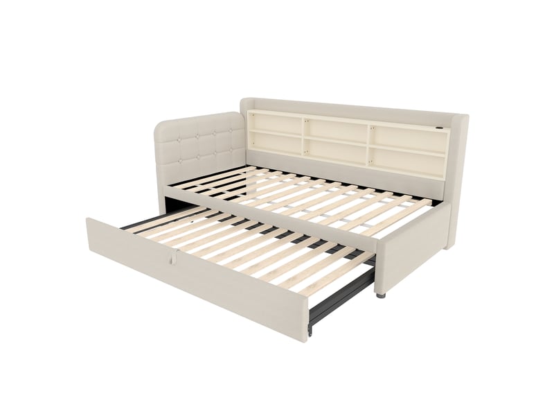 Lit banquette beige 90/180x200 cm extensible avec rangements, usb et type-c - Conforama E