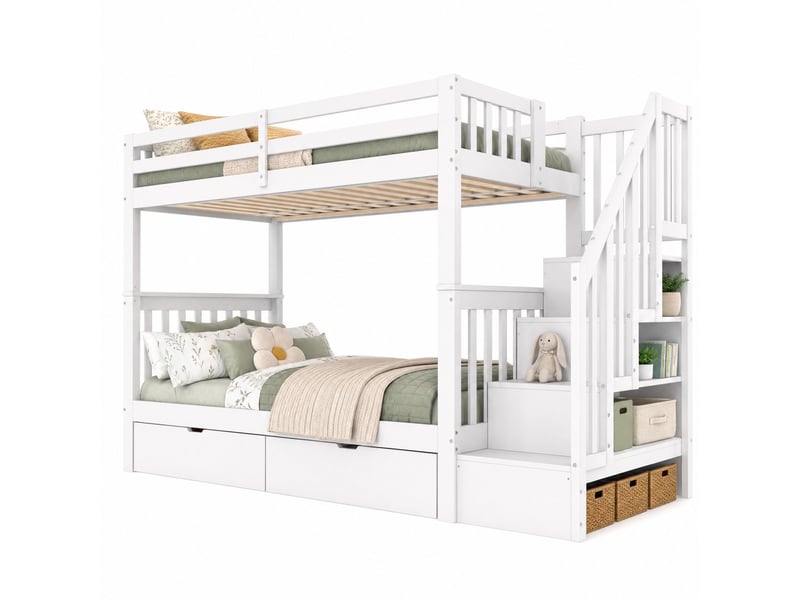  Lit superposé enfant 200×90 cm avec escalier de rangement, 2 tiroirs et garde-corps hauts, en pin et mdf blanc  - Conforama A