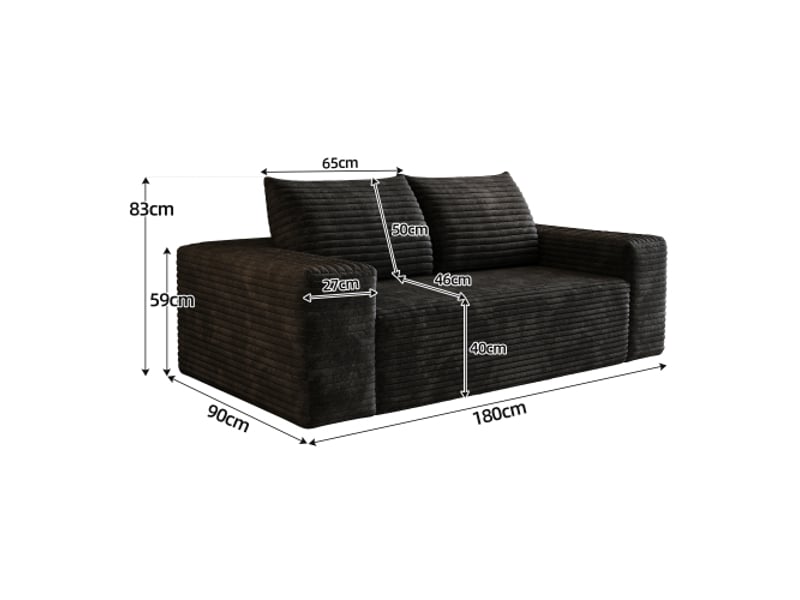 Canapé velours côtelé noir 180 cm – 2 places, assise profonde, modulaire, sans montage, mousse, salon et chambre - Conforama C