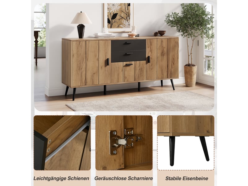 Buffet moderne 140x35x67cm, meuble rangement salon avec 2 tiroirs et 3 portes, design contemporain noir et bois - Conforama D