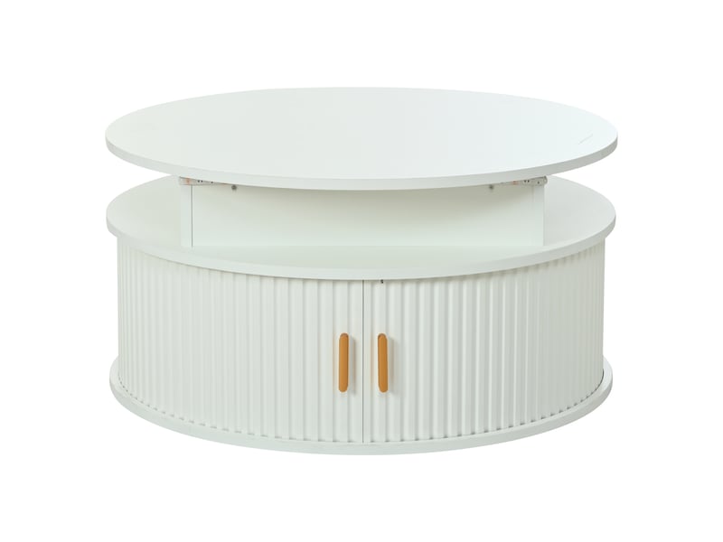 Table basse à plateau relevable, blanche, 75 x 75 x 52 cm, ronde, 2 portes coulissantes, led et rangement caché  - Conforama A