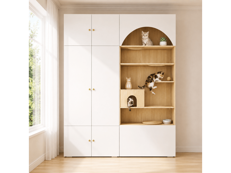  Armoire penderie 2-en-1 180 x 50 x 200 cm avec espace félin, blanc et aspect bois  - Conforama D